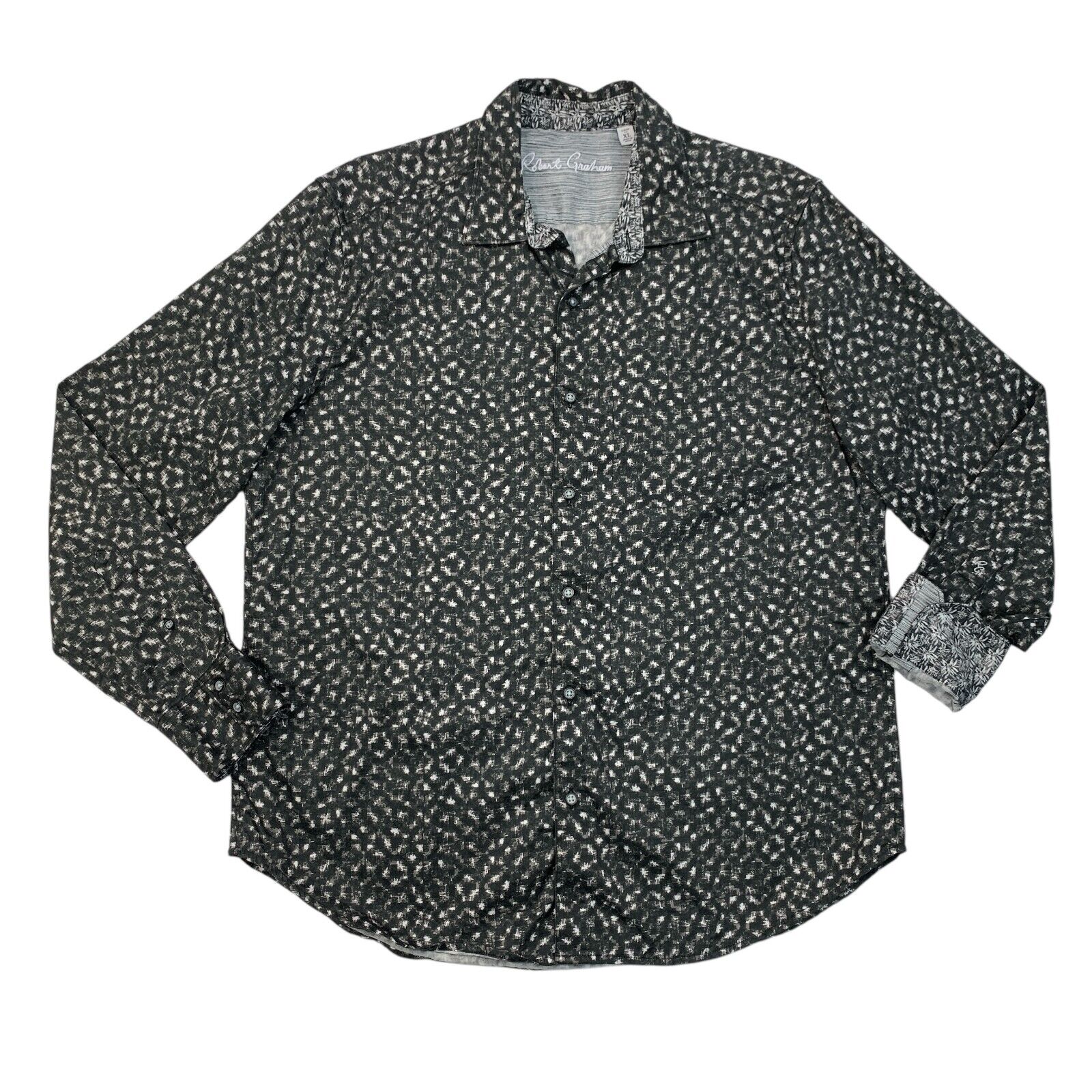 Robert Graham Shirt Mens Xl Grey Classic Fit Flip Cuff Allover Print Button Up